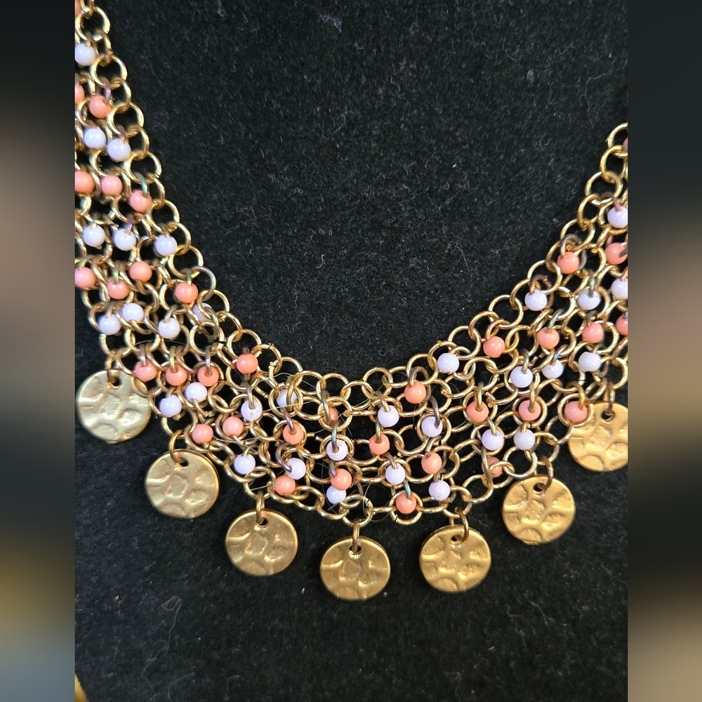 Handmade beaded peach & white statement necklace earrings set - Picture 4 of 8